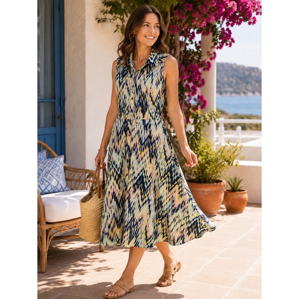ILE New York Womens Sleeveless Ikat Chevron Button Front Shirt Dress Navy Size 8
